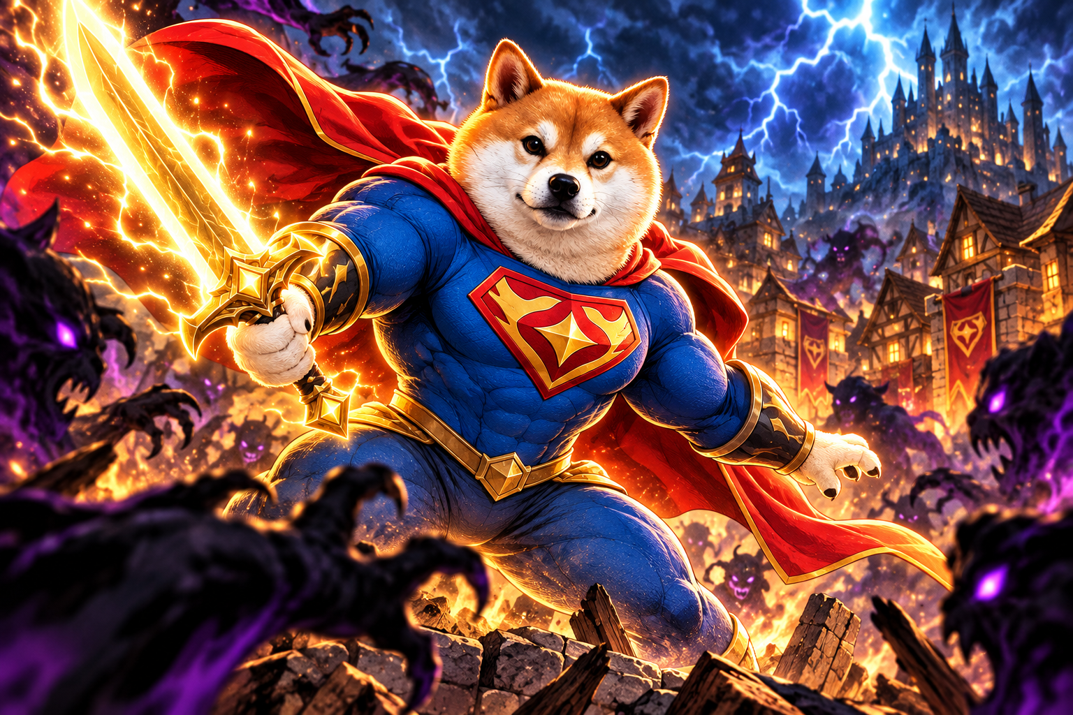 Super Inu battling shadow monsters with the glowing sword