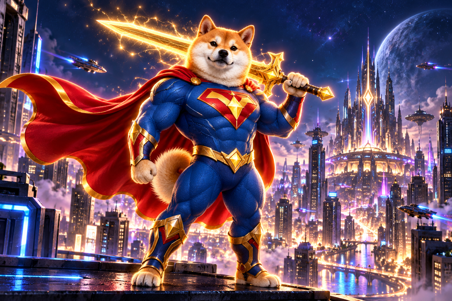 Super Inu standing over a futuristic night city with the golden sword