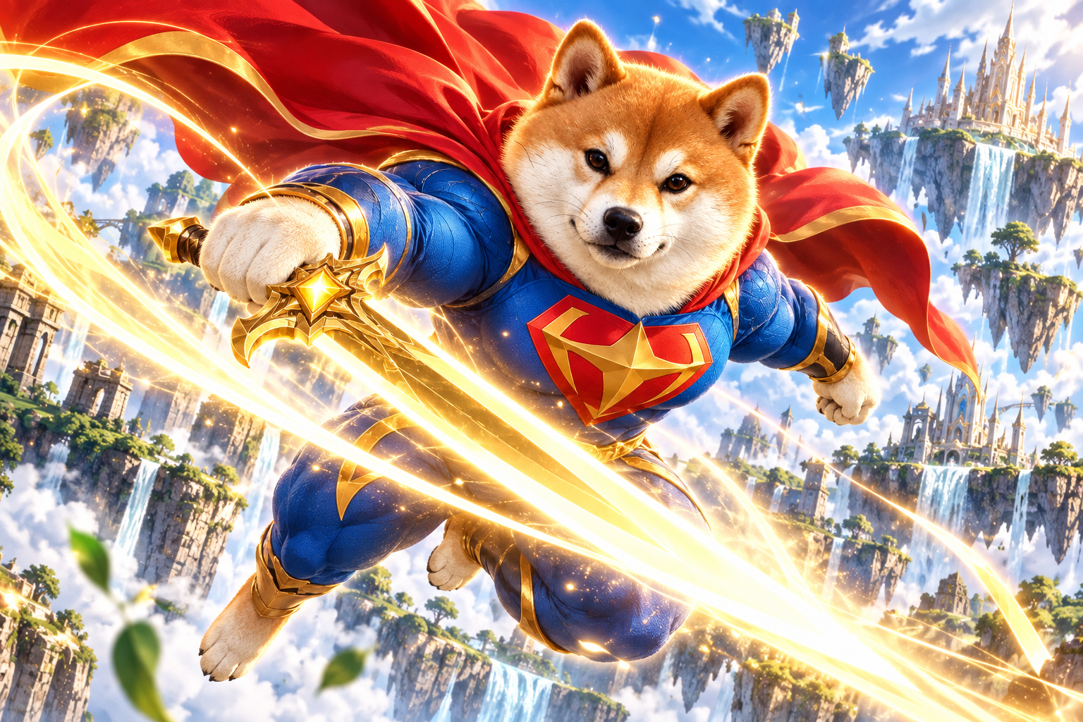 Super Inu flying with the golden sword over floating castles