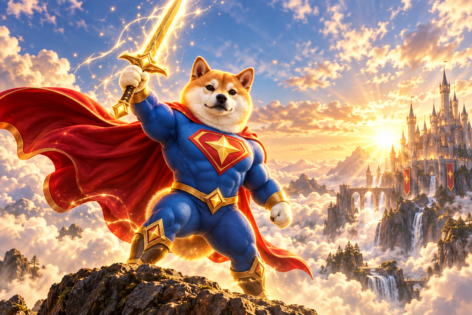 Super Inu raising the golden sword above the clouds and castle
